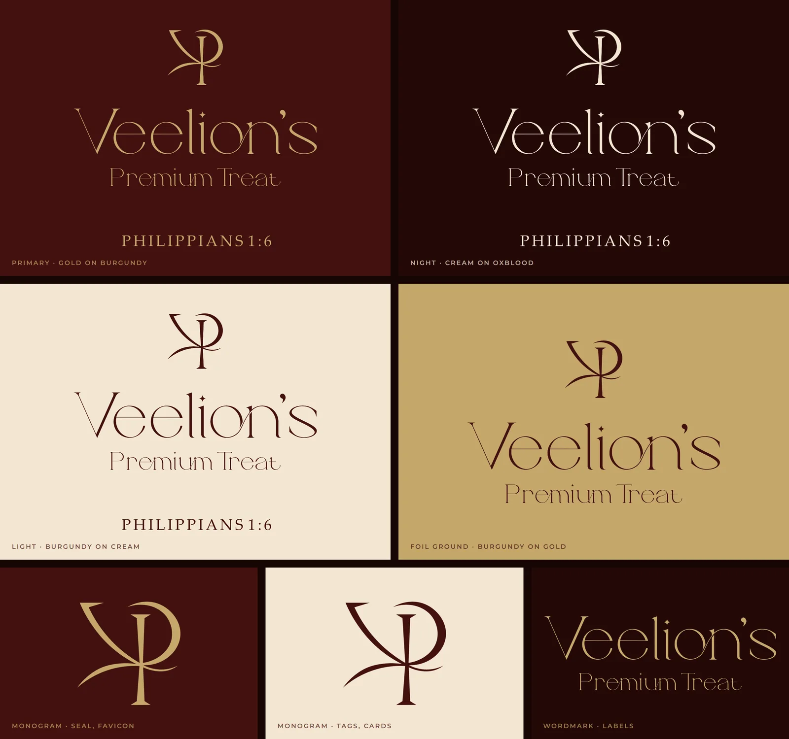 Veelion's logo system: the full lockup in four colourways, the monogram on burgundy and cream, and the wordmark on oxblood