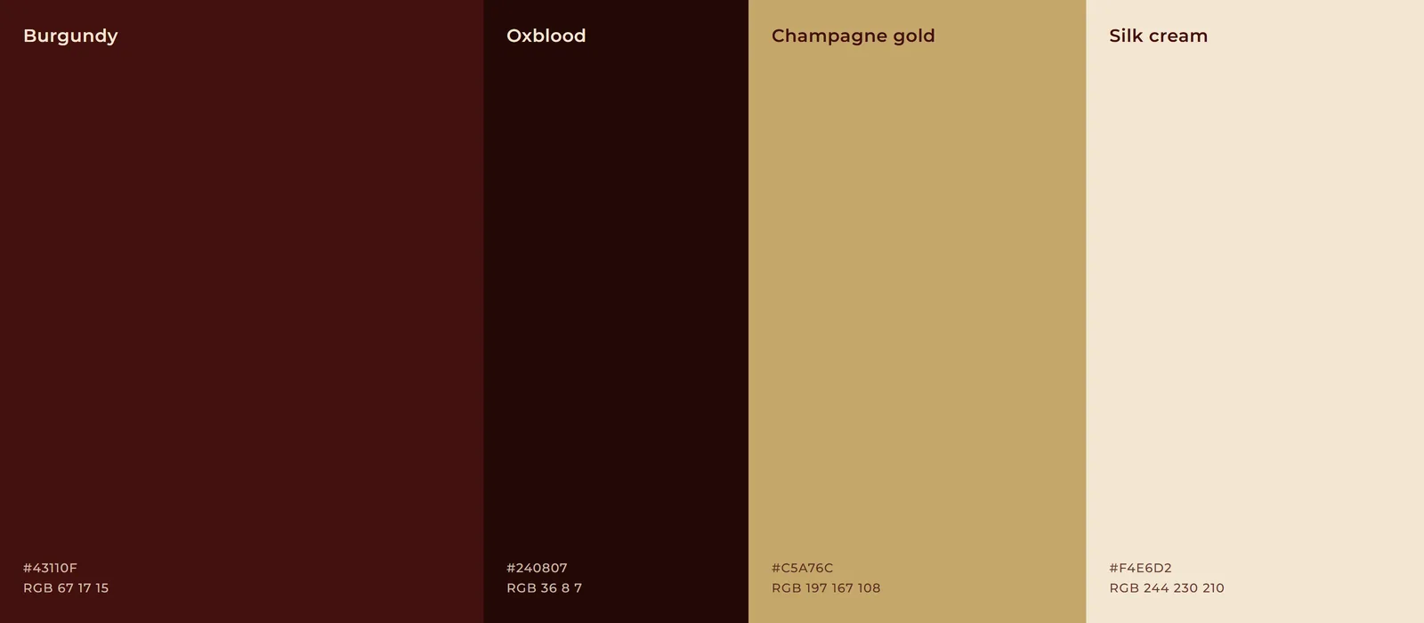 Veelion's colour palette: burgundy, oxblood, champagne gold and silk cream