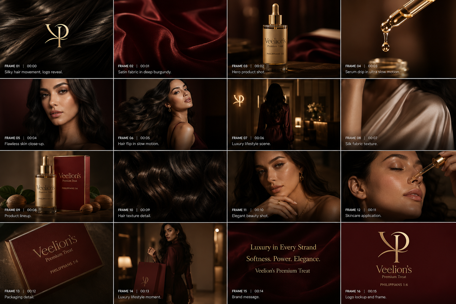 Veelion’s Premium Treat brand film storyboard, sixteen frames