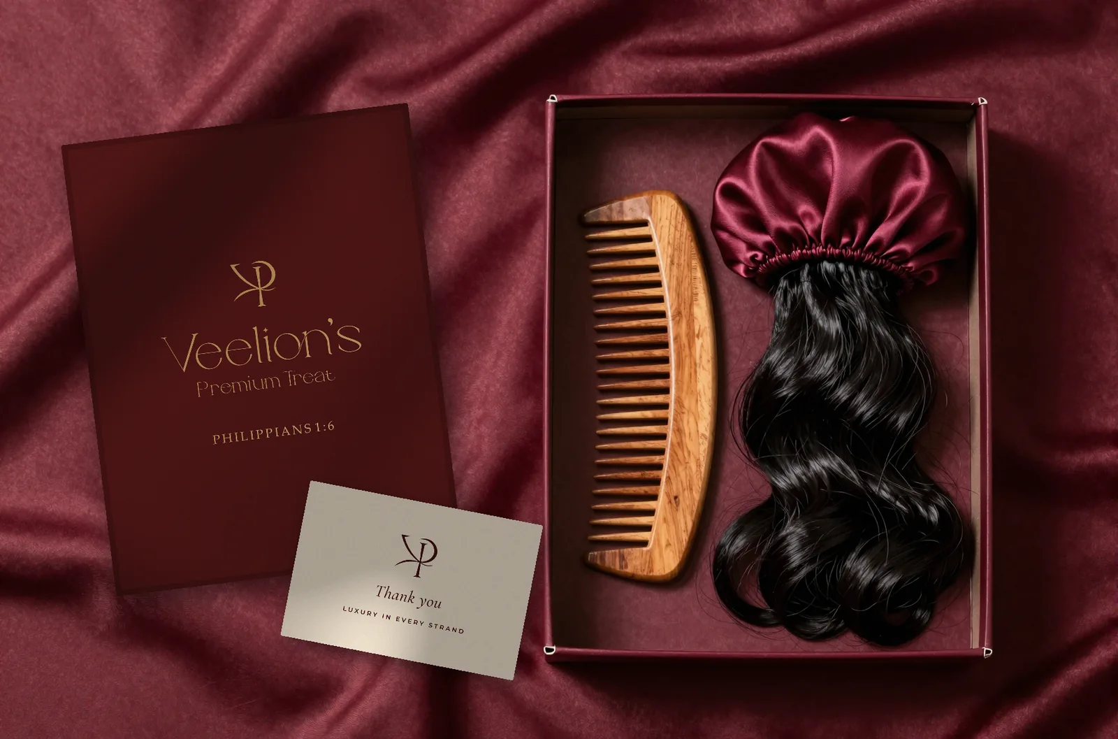Veelion's wig-care unboxing: box lid with the gold lockup, thank-you card, wooden comb, satin bonnet and wig