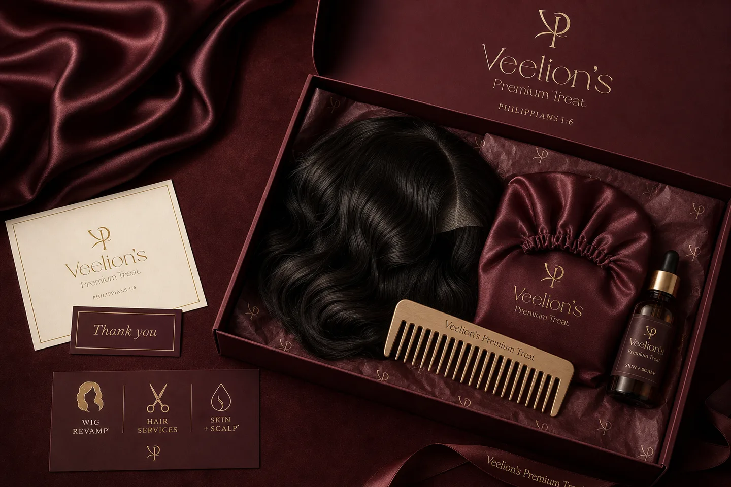 Veelion's Premium Treat wig-care unboxing with wig, satin bonnet, comb, and skin-and-scalp bottle
